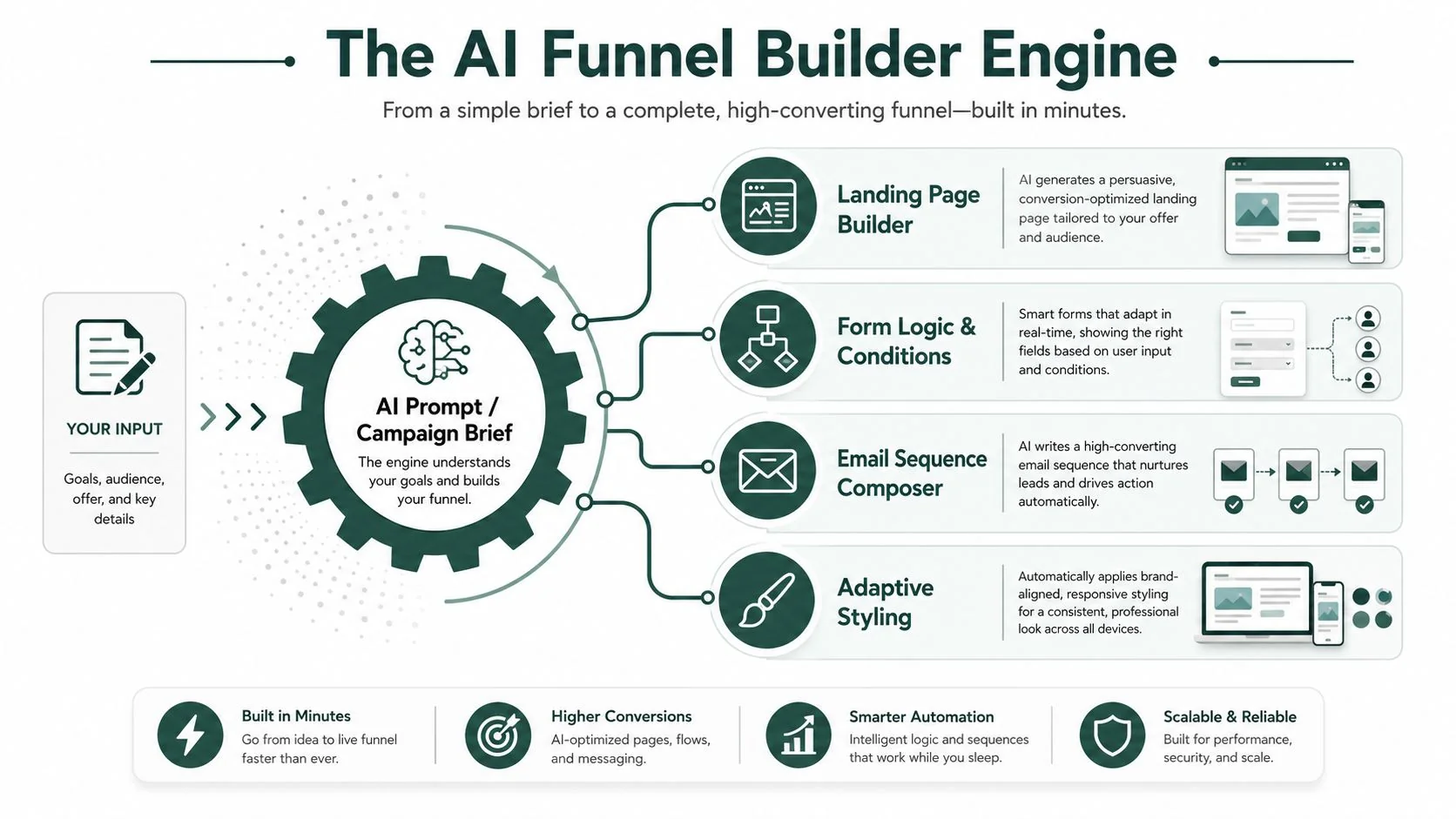 A diagram illustrating the AI Funnel Builder Engine, showing how user inputs generate automated marketing funnels.