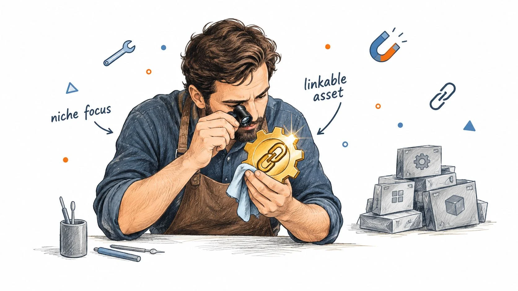 A craftsman inspects a golden gear containing a link symbol with a magnifying glass for SEO authority.