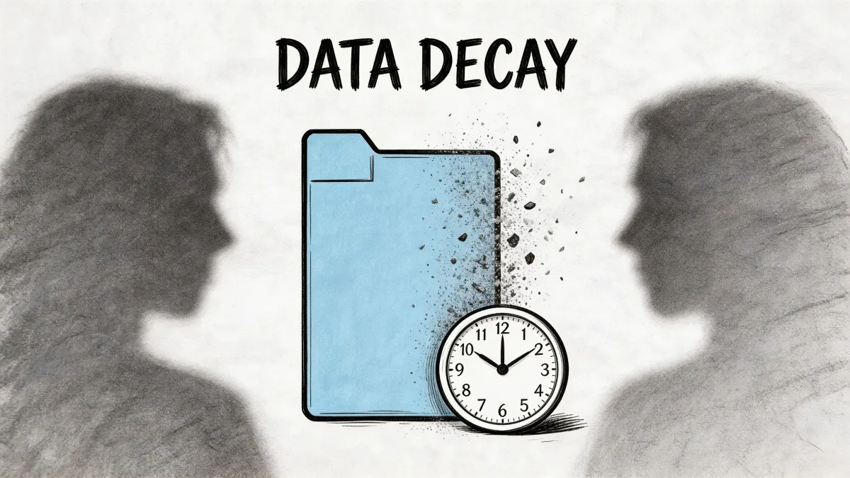 A conceptual illustration of data decay showing a crumbling blue digital file folder next to a clock.