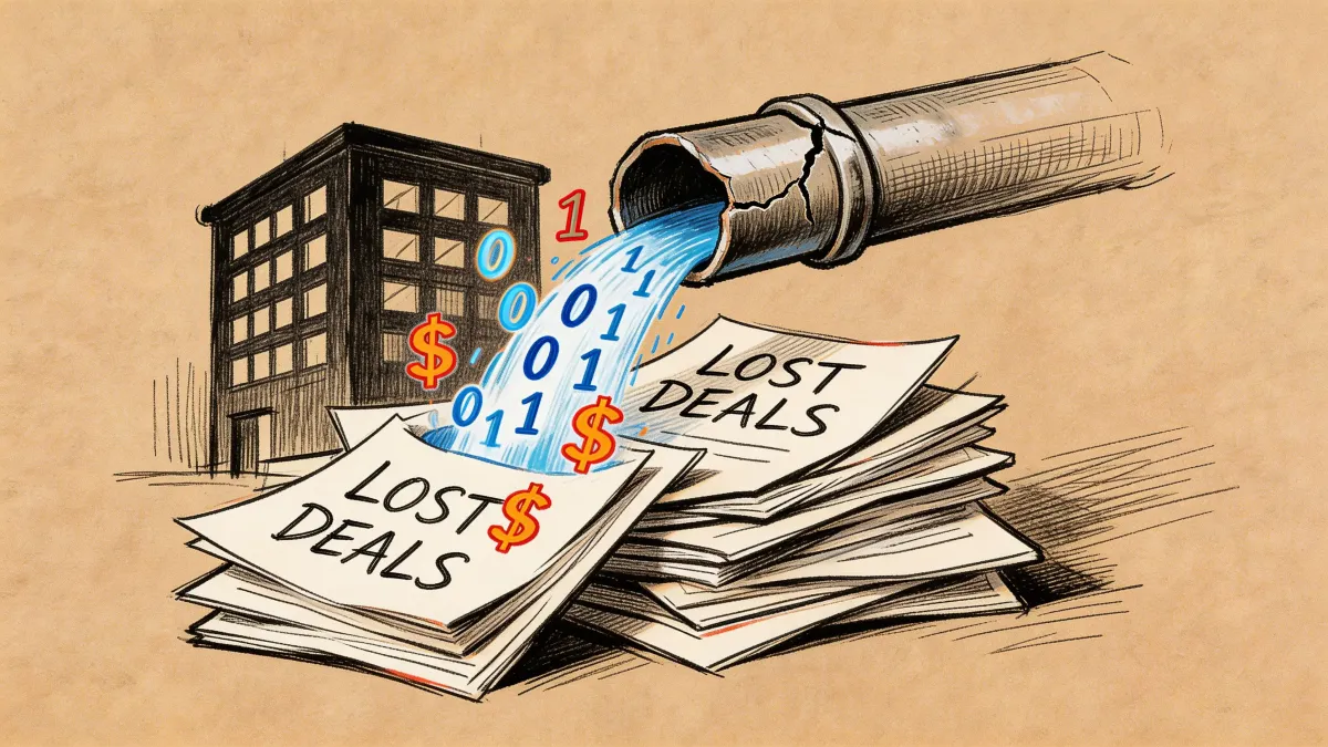 A conceptual illustration showing digital data leaking from a pipe onto a stack of lost deals.