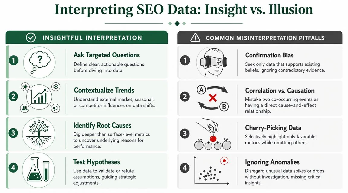 An infographic comparing insightful SEO data interpretation practices against common pitfalls like bias and cherry-picking.