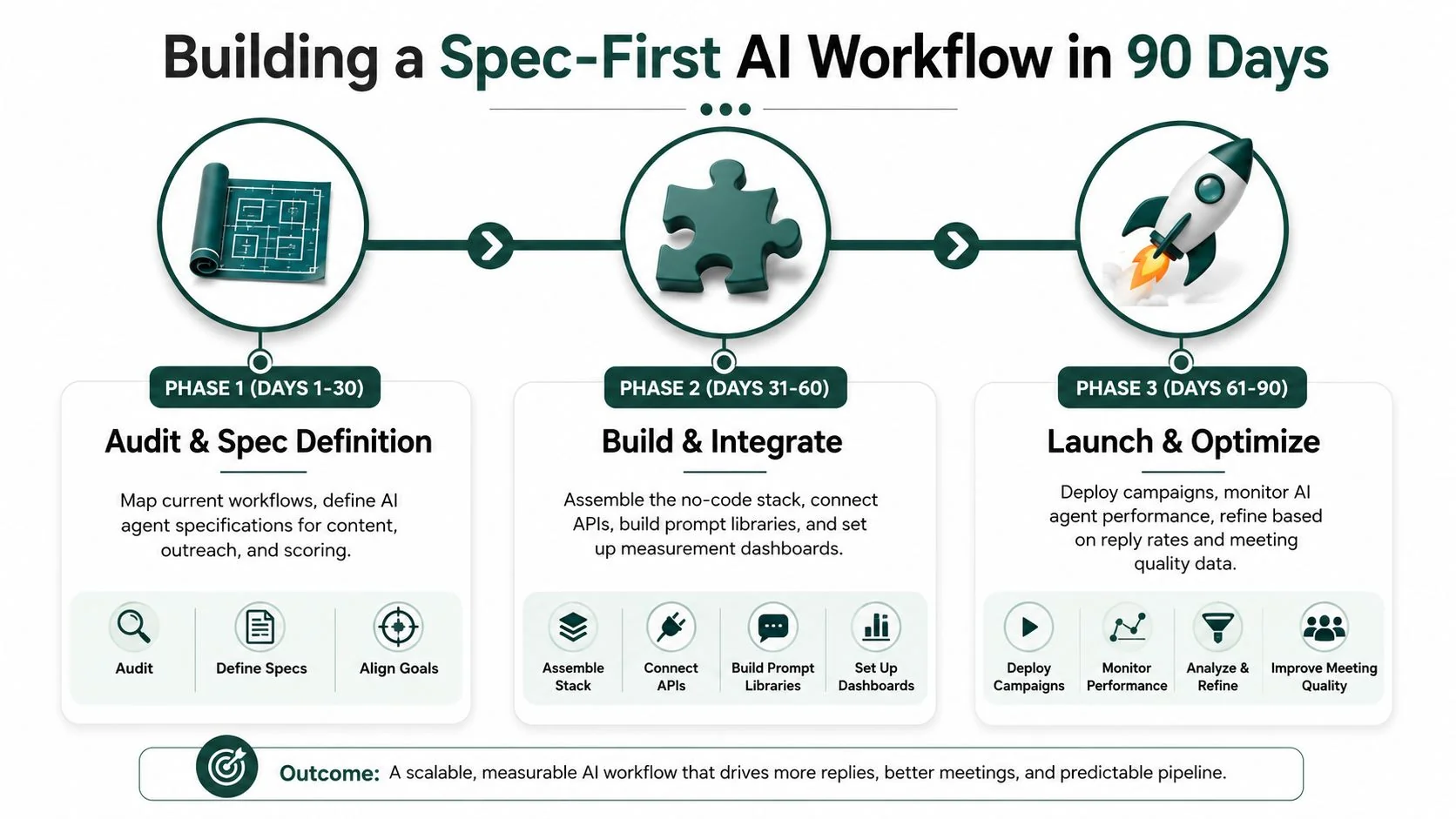 A 90-day roadmap illustration outlining phases for building a spec-first AI workflow for business operations.