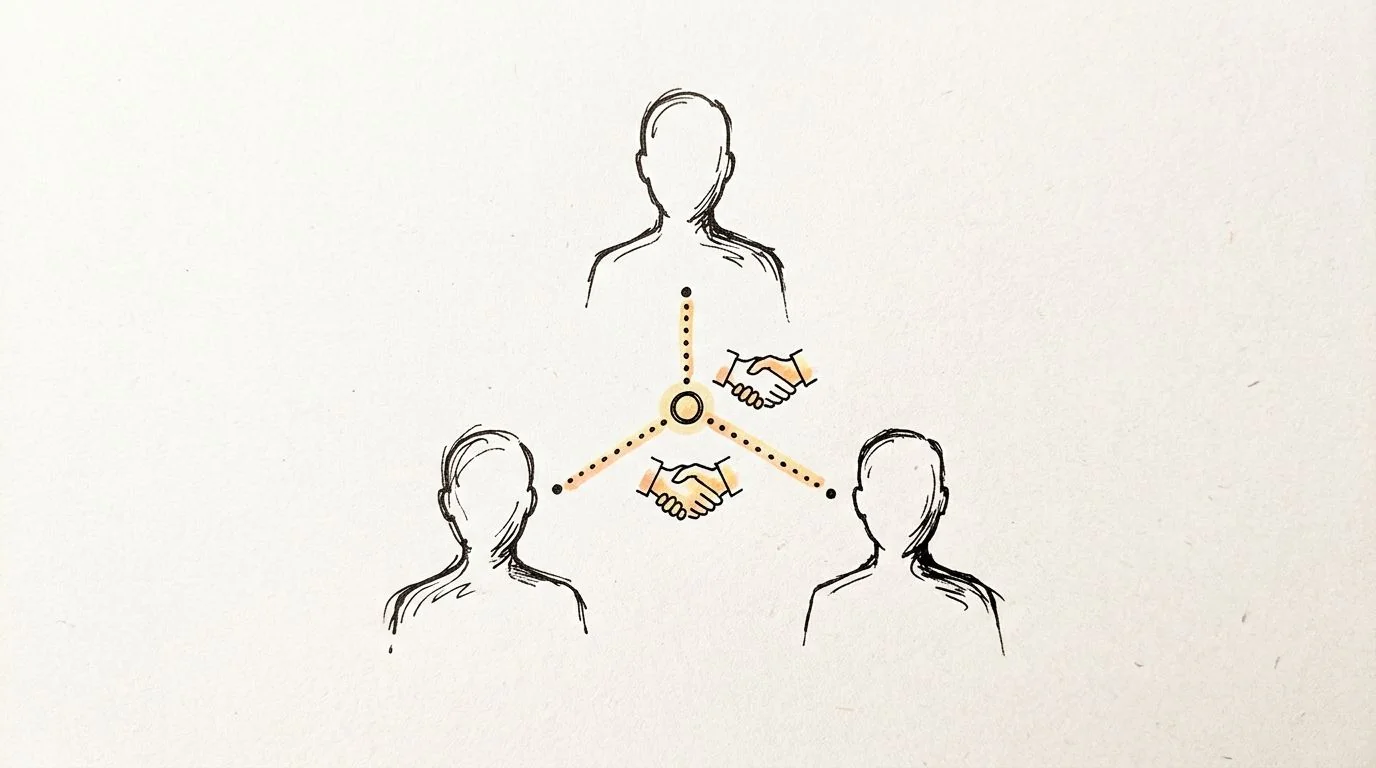 A hand-drawn sketch showing three individuals connected to a central circle with shaking hands icons between them.