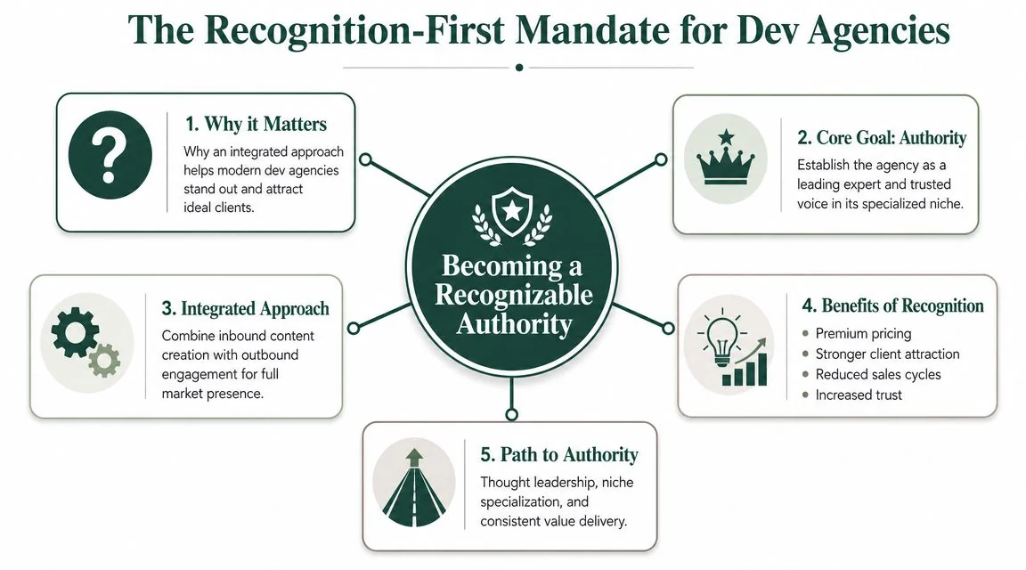 A diagram outlining The Recognition-First Mandate for dev agencies, covering authority, integrated approaches, and benefits.