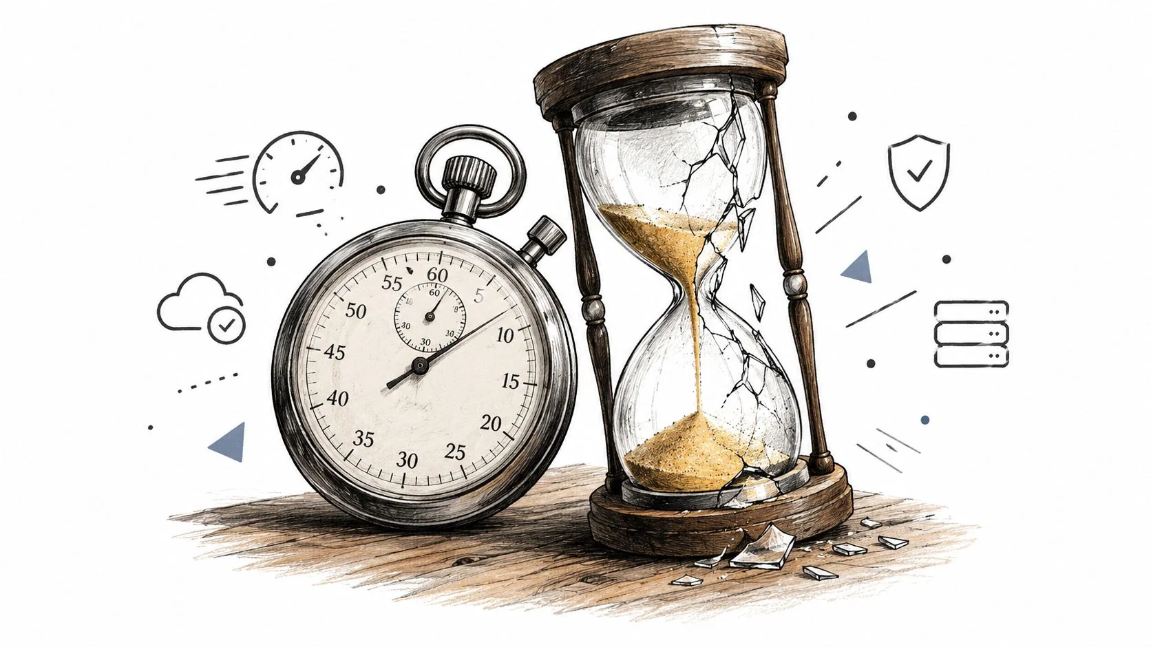 A stopwatch and a broken hourglass on a wooden table, representing time sensitivity in technology.