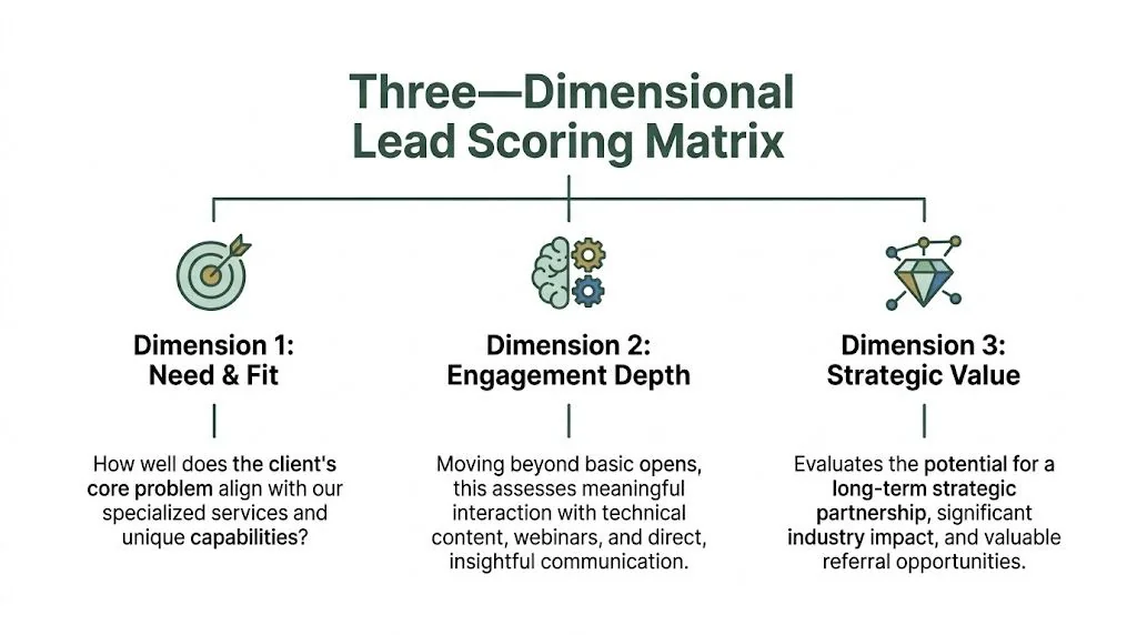 A diagram illustrating a Three-Dimensional Lead Scoring Matrix, explaining criteria for assessing potential sales client opportunities.