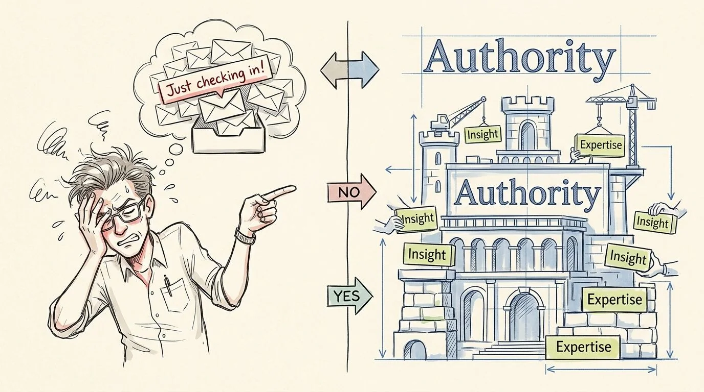 A person feeling overwhelmed by emails versus building authority through expertise and insight in a business.