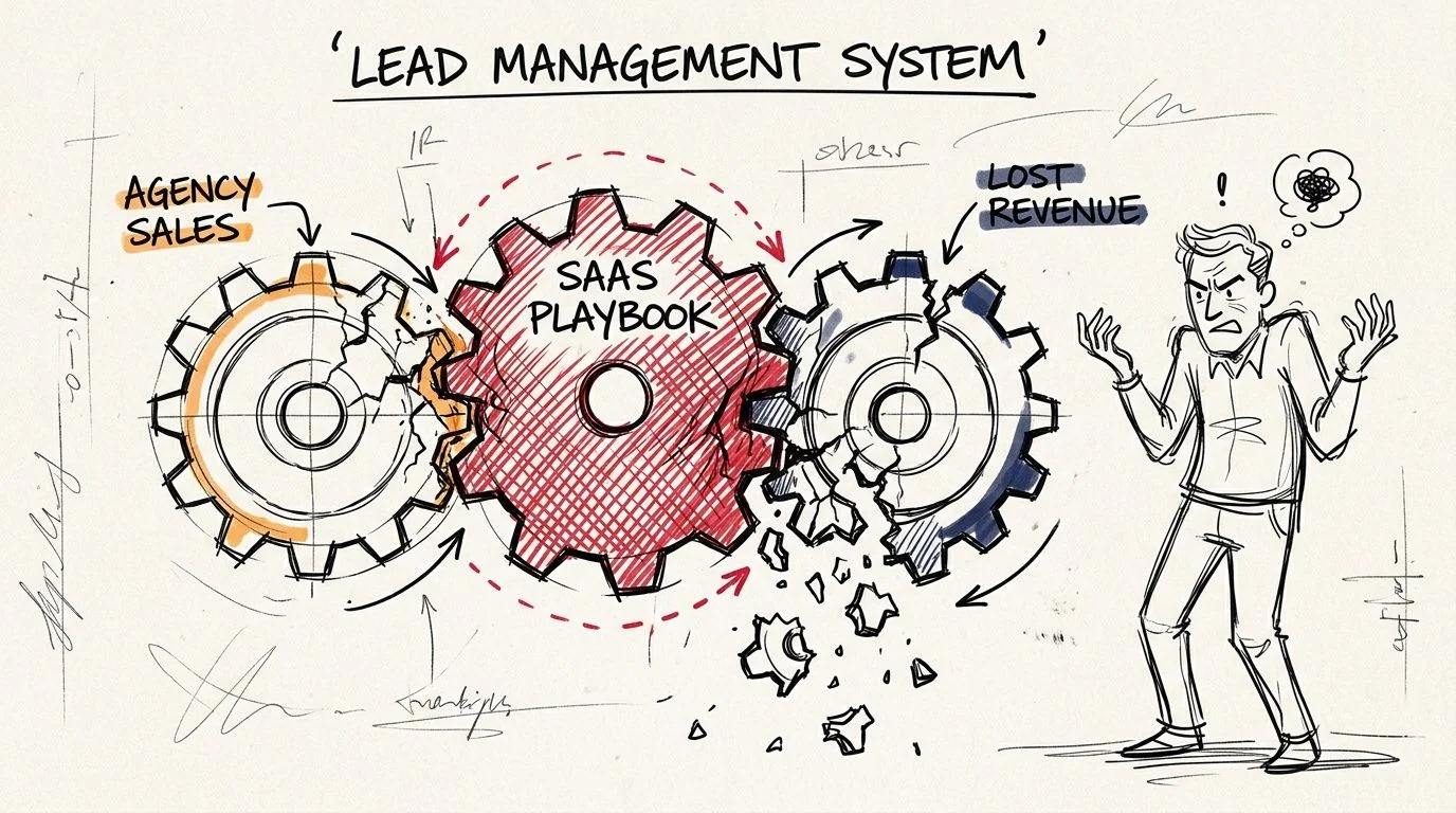 A conceptual sketch illustrating a broken lead management system with failing gears and a frustrated business owner.
