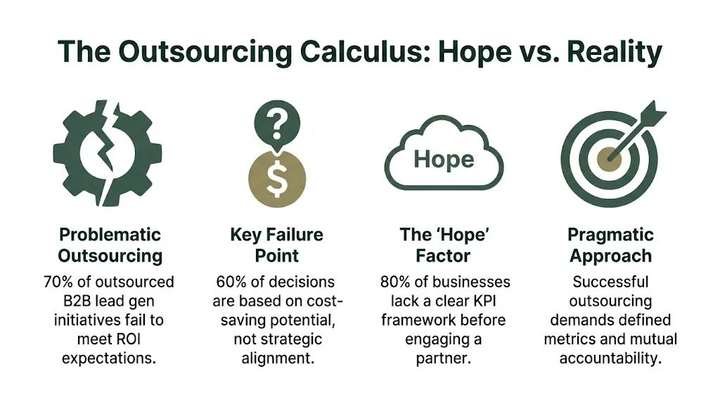 An infographic titled The Outsourcing Calculus showing statistics about failures in B2B lead generation outsourcing.