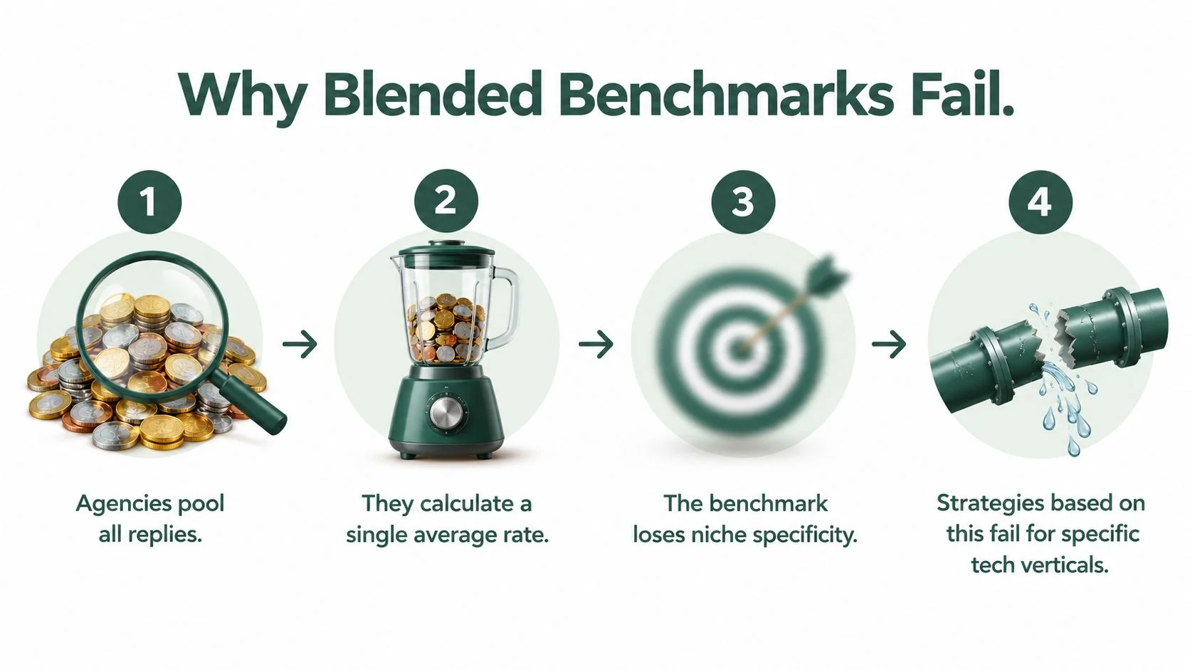 A four-step infographic explaining why blended benchmarks fail by averaging data and losing niche specificity.