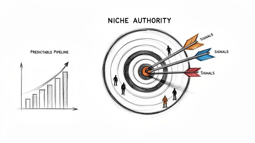 Visualizing business growth: a predictable pipeline chart alongside niche authority arrows hitting a target.