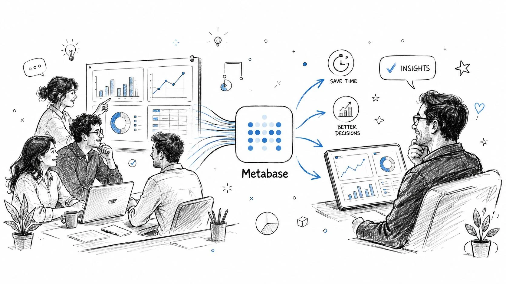 A hand-drawn illustration showing a business team collaborating with Metabase data analytics software to gain insights.