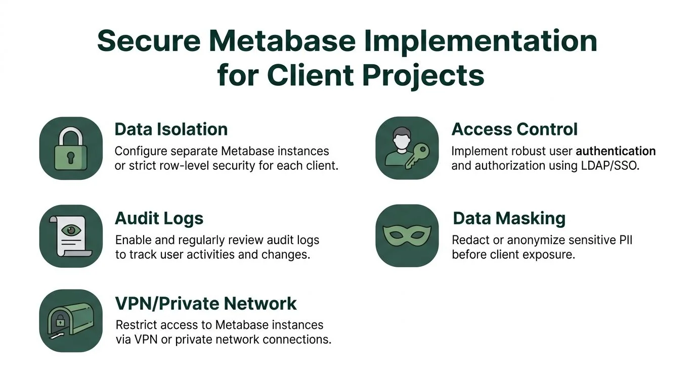 An infographic detailing essential security measures for implementing Metabase across multiple client projects for data protection.