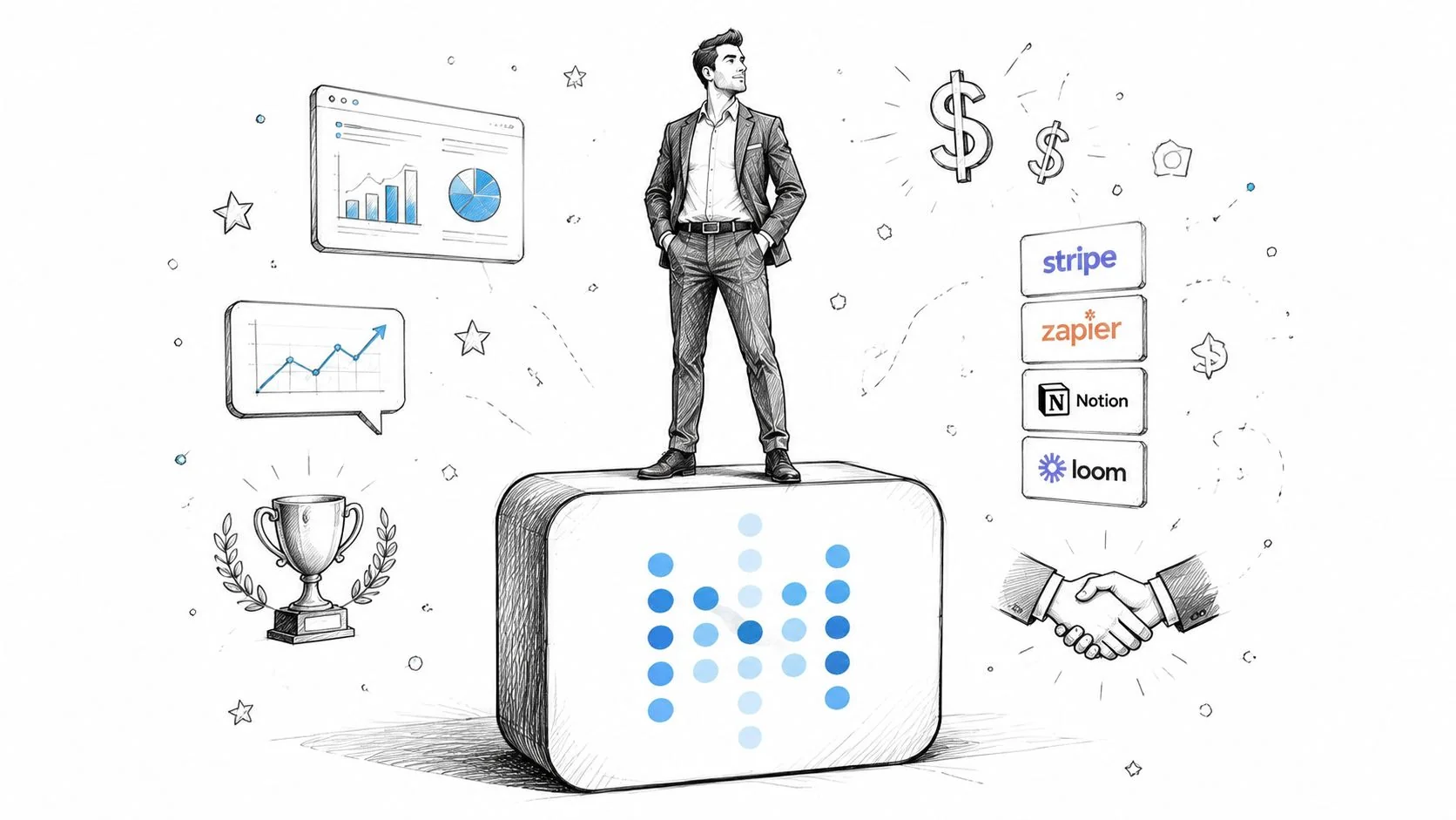A professional man standing on a large box branded with the Metabase logo, surrounded by business productivity tools.